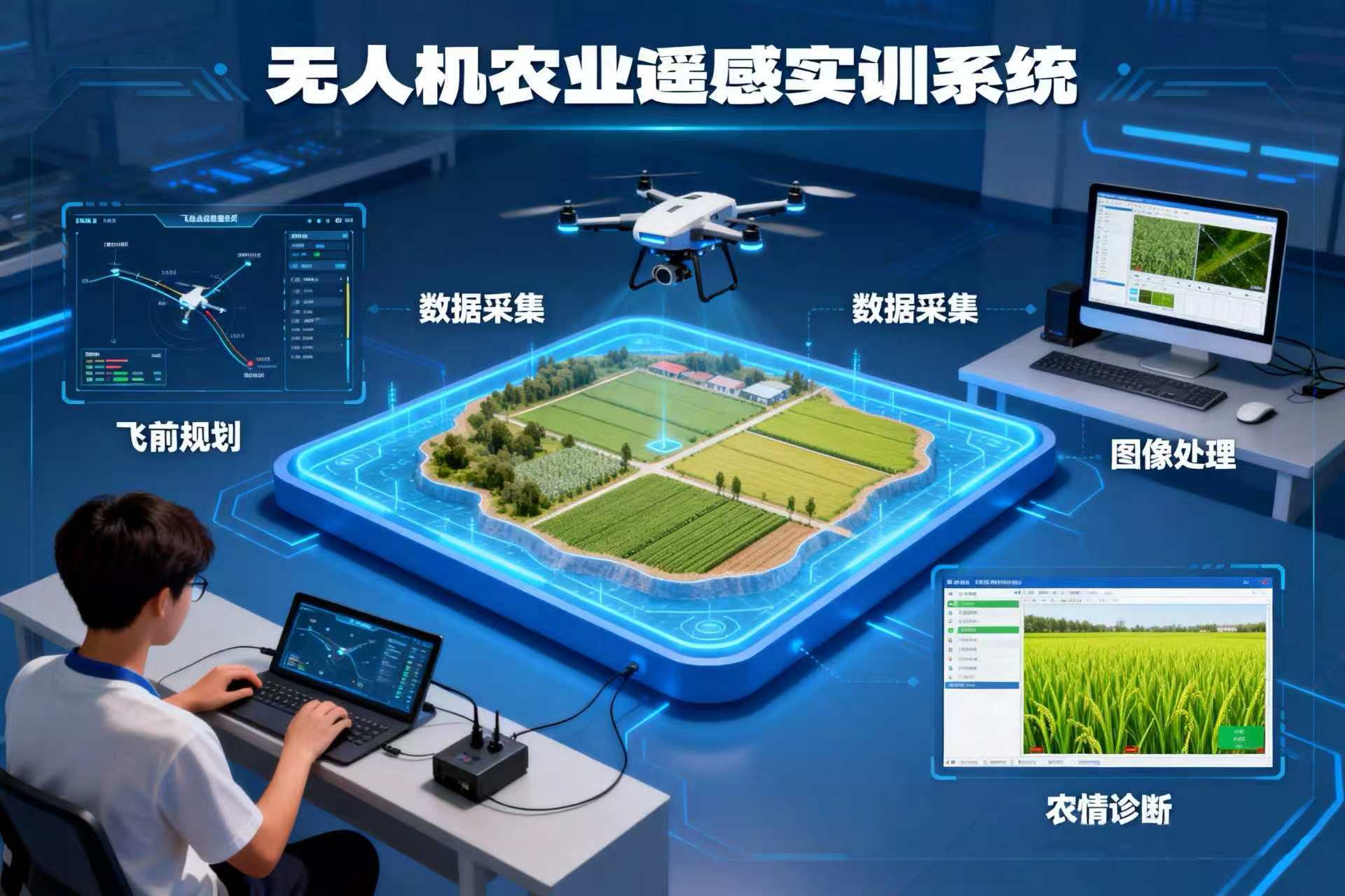 学生可在数字沙盘上完成“飞前规划—数据采集—图像处理—农情诊断”的全流程操作 学生可在数字沙盘上完成“飞前规划—数据采集—图像处理—农情诊断”的全流程操作