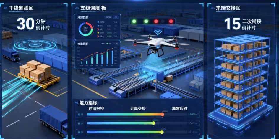 学生在虚拟场景中练习干线无人机卸载、支线调度与末端投递的衔接