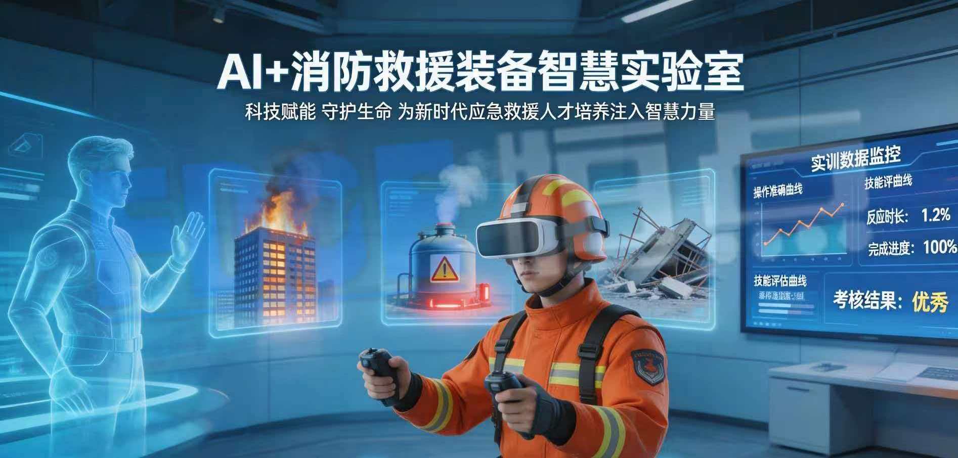 AI+消防救援装备智慧实训室场景,画面中佩戴XR设备的消防员_ AI+消防救援装备智慧实训室场景,画面中佩戴XR设备的消防员_