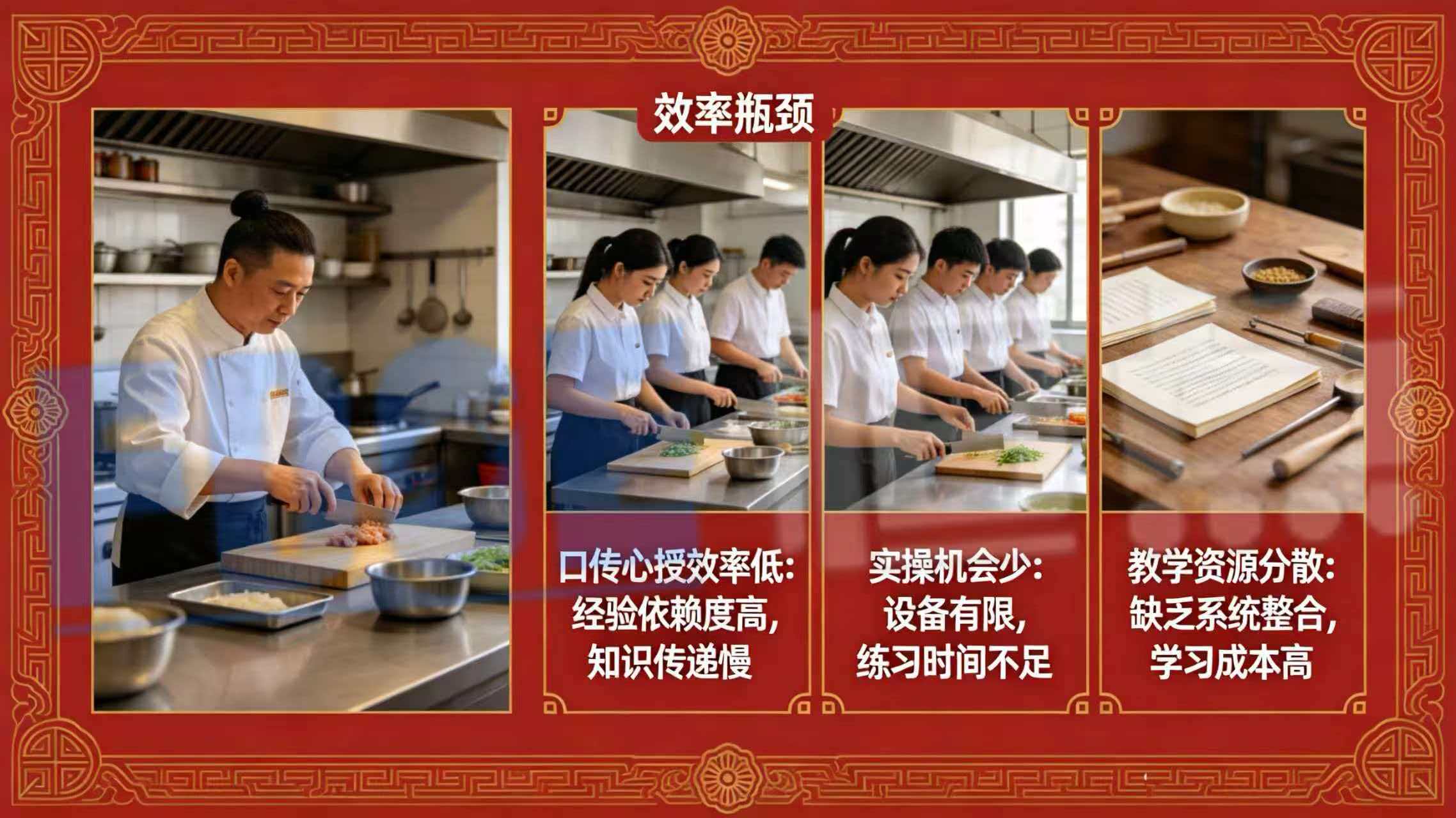 中式烹调的传统教学，长期面临三重效率瓶颈