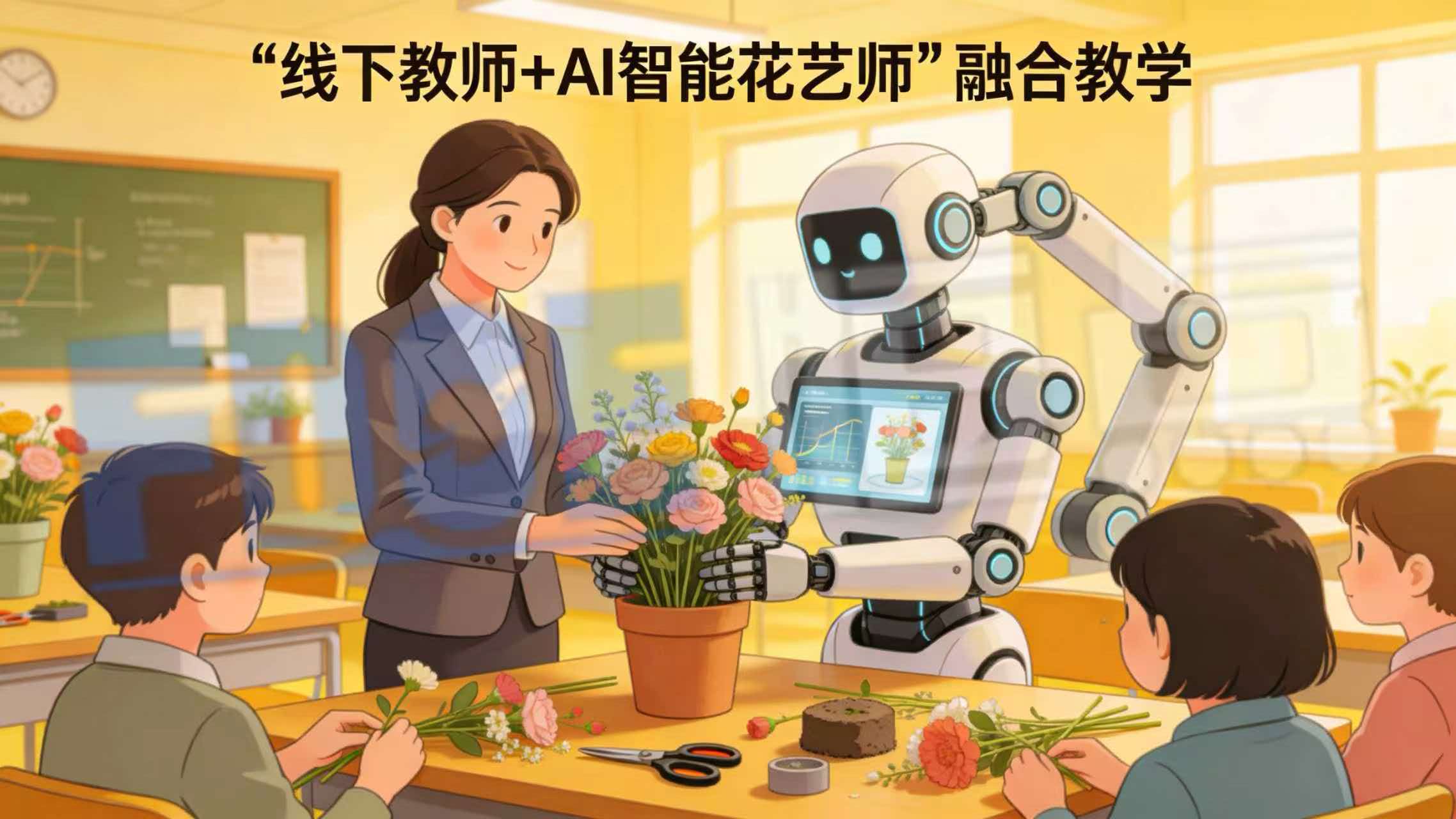 “线下教师+AI智能花艺师”融合教学 “线下教师+AI智能花艺师”融合教学