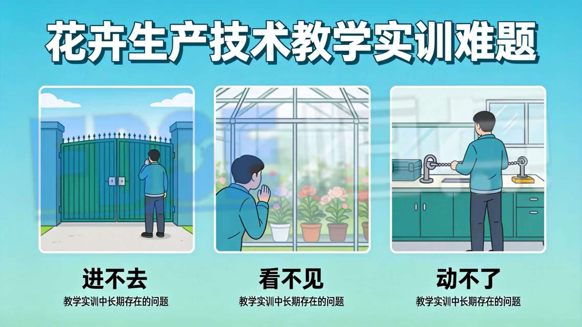 花卉生产技术教学实训中长期存在“进不去、看不见、动不了”的难题。 花卉生产技术教学实训中长期存在“进不去、看不见、动不了”的难题。